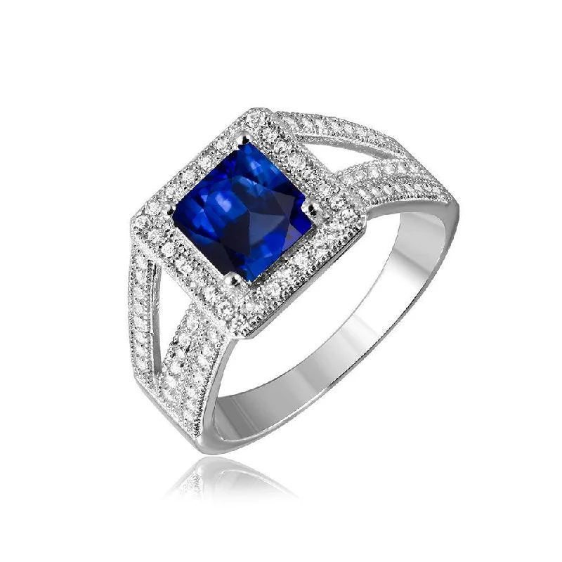 Ladies rings comfort curve styles-Silver 925 Rhodium Plated Sapphire Square Halo with Micro Pave CZ Ring - GMR00103S