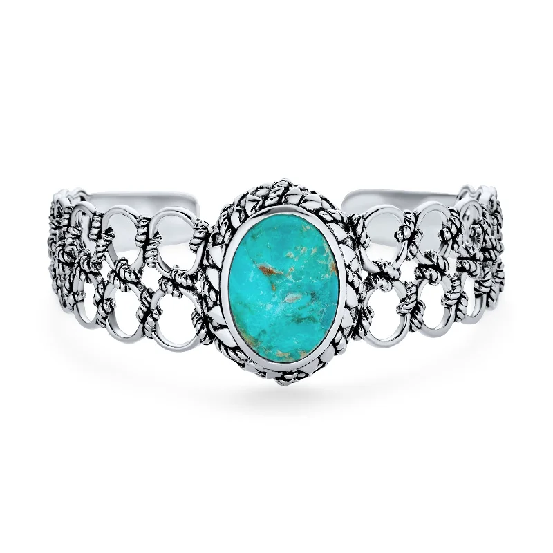 ladies bracelet white gold finish-Southwestern Turquoise Cabochon Gemstone Cuff Bracelet in Sterling Silver