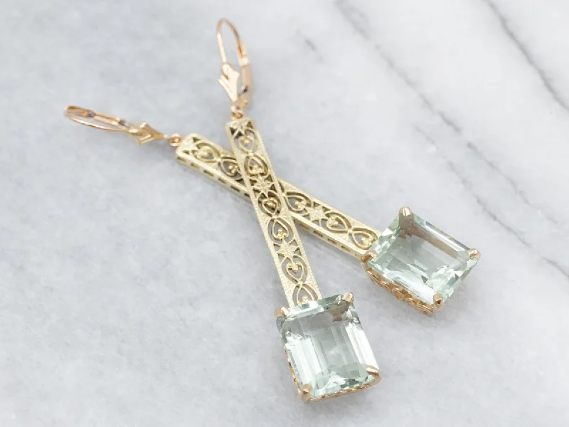 Ladies earrings high investment value-Prasiolite Gold Filigree Drop Earrings