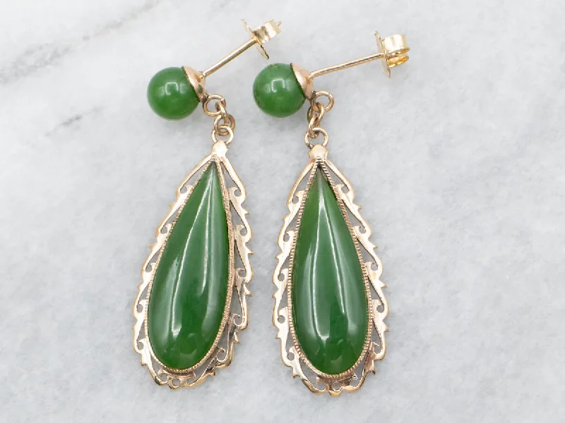 Ladies earrings heart cut styles-Yellow Gold Pear and Round Cut Jade Drop Earrings