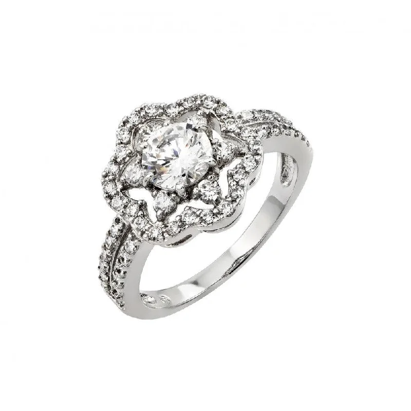 Ladies rings delicate outline styles-Silver 925 Rhodium Plated Clear Inlay CZ Flower Ring - BGR00791