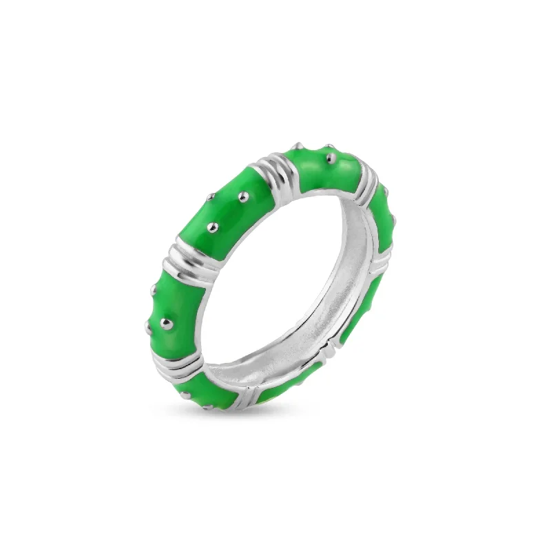 Ladies rings pointed tip styles-Silver 925 Rhodium Plated Green Enamel Ring - STR00613