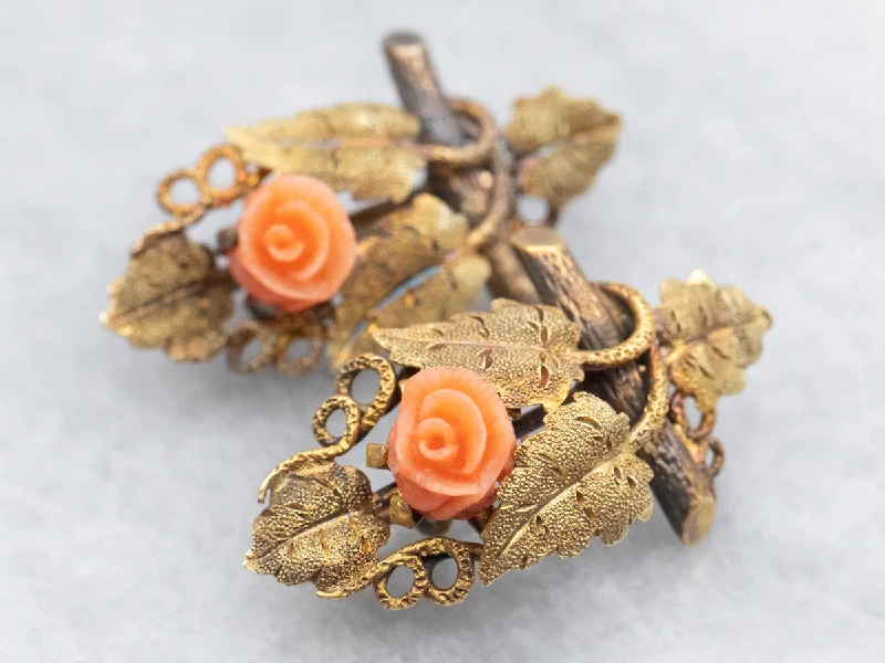 Ladies earrings minimalist daily wear-Art Nouveau Leaf and Coral Flower Earrings