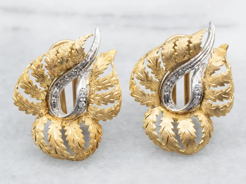 Ladies earrings red diamond styles-Yellow and White Gold Leaf Stud Earrings with Diamond Accents and Omega Backs