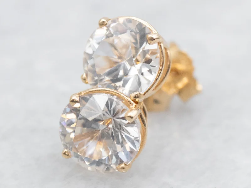 Ladies earrings bold geometric designs-White Zircon Stud Earrings in Yellow Gold