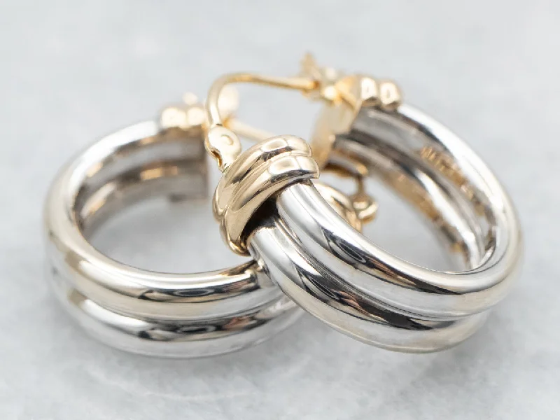 Ladies earrings exclusive craft styles-Two Tone Yellow and White Gold Hoop Earrings