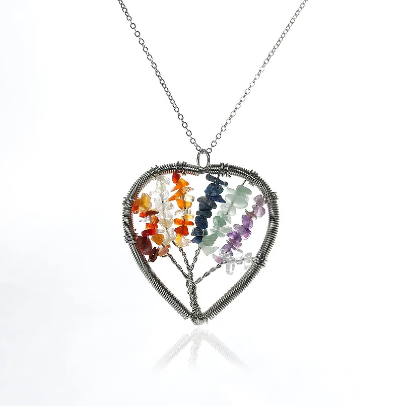 ladies necklace choker-SEXY SPARKLES Heart Wire Wrapped Tree Of Life Natural Gemstone Pendant Necklace