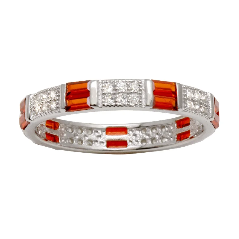 Ladies rings knot symbol designs-Rhodium Plated 925 Sterling Silver Pattern Eternity Ring with Red and Clear CZ - BGR01177RED