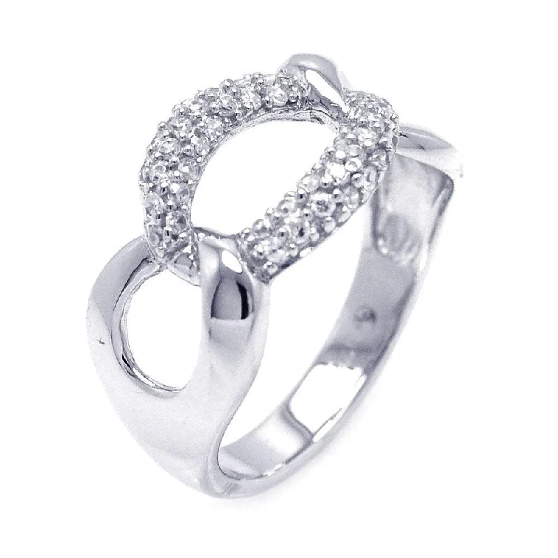 Ladies rings cubist style designs-Silver 925 Rhodium Plated Pave Set CZ Link Ring - STR00826