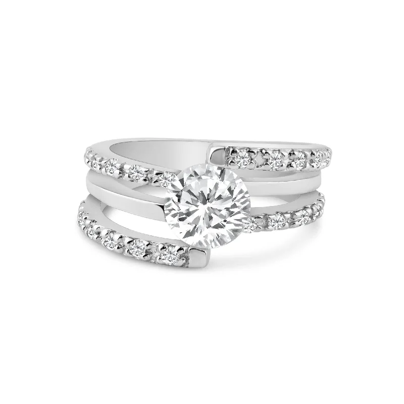 Ladies rings champagne diamond styles-Silver 925 Rhodium Plated Clear Round Center CZ Intertwining Ring - AAR0066