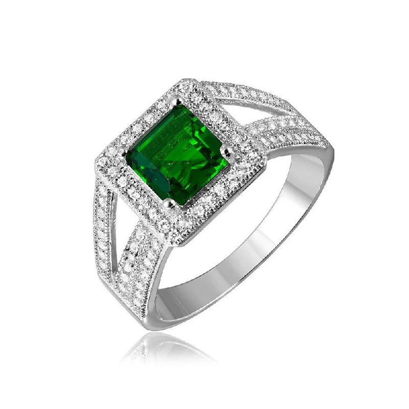 Ladies rings mid-century modern looks-Silver 925 Rhodium Plated Green Square Halo with Micro Pave CZ Ring - GMR00103G