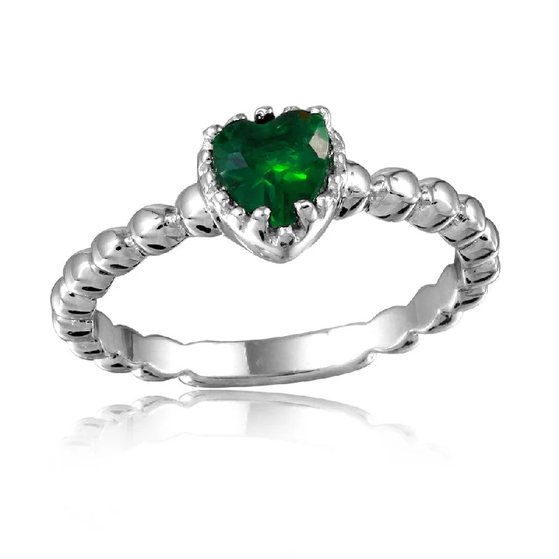 Ladies rings bold geometric designs-Silver 925 Rhodium Plated Beaded Band Green Heart Center Stone Ring - BGR01052GRN