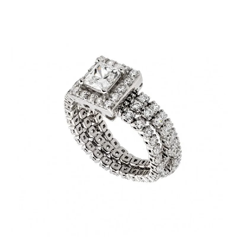 Ladies rings beaded accent styles-Silver 925 Rhodium Plated Pave Set Clear CZ Flexible Square Ring - GMR00010