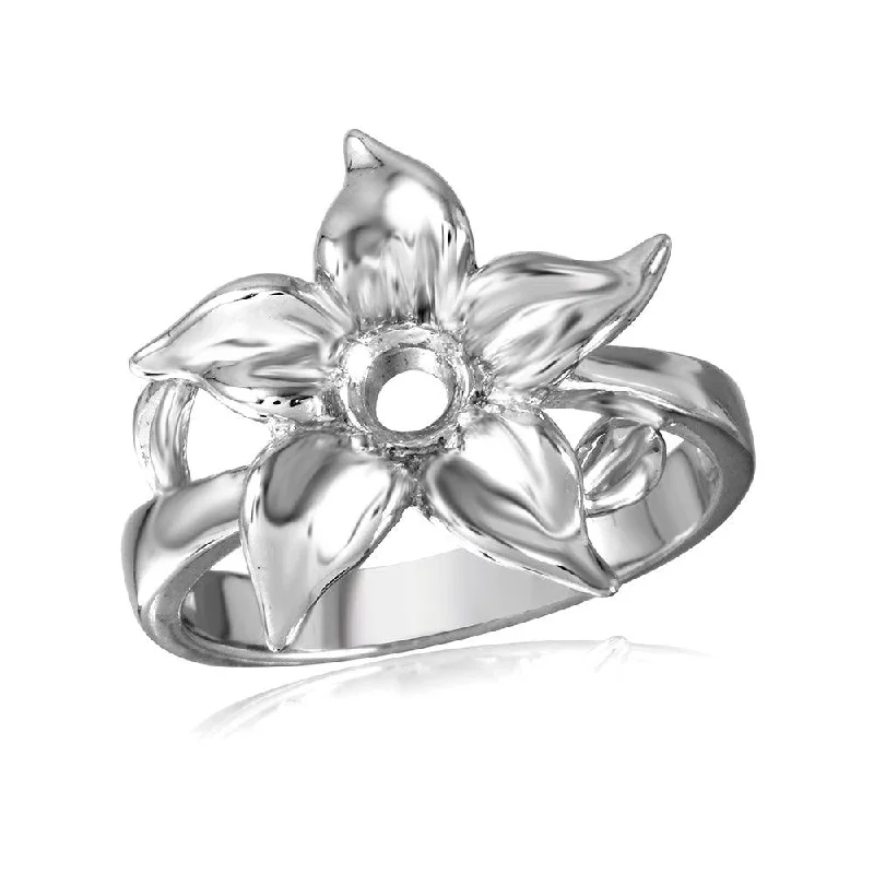 Ladies rings multi-tier styles-Silver 925 Rhodium Plated Flower Single Stone Mounting Ring - BGR00500