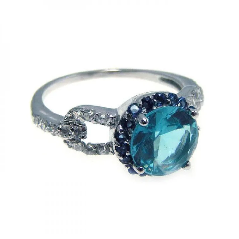 Ladies rings subtle luxury options-Silver 925 Rhodium Plated Blue Center Cluster and Clear CZ Ring - STR00532