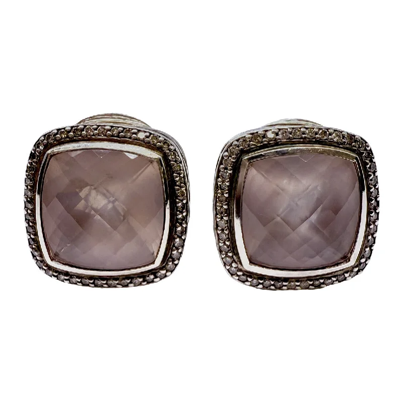 Ladies earrings domed shape styles-David Yurman Rose Quartz and Diamond Albion Earrings