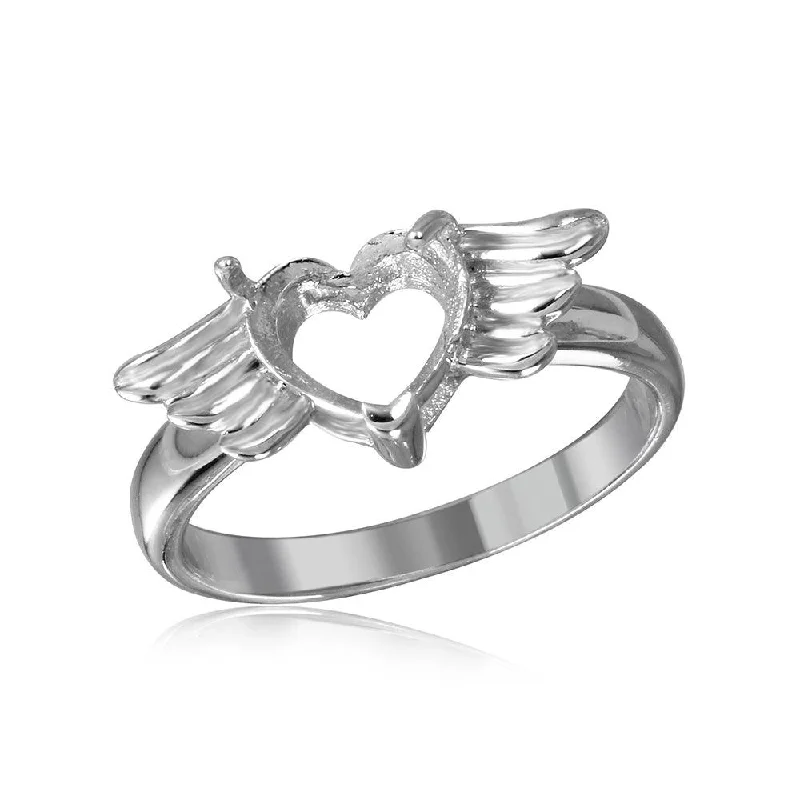 Ladies rings filigree detail rings-Silver 925 Rhodium Plated Heart with Wings Mounting Ring - BGR01217