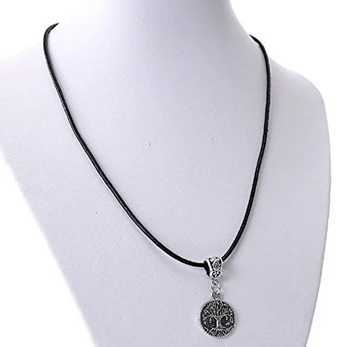 ladies necklace abstract platinum-Cowhide Leather Pendent Necklace with Tree of Life (Locks with Lobster Clasp) 43cm Long