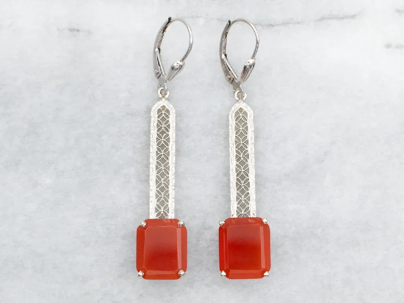 Ladies earrings raised detail styles-Filigree Carnelian Drop Earrings