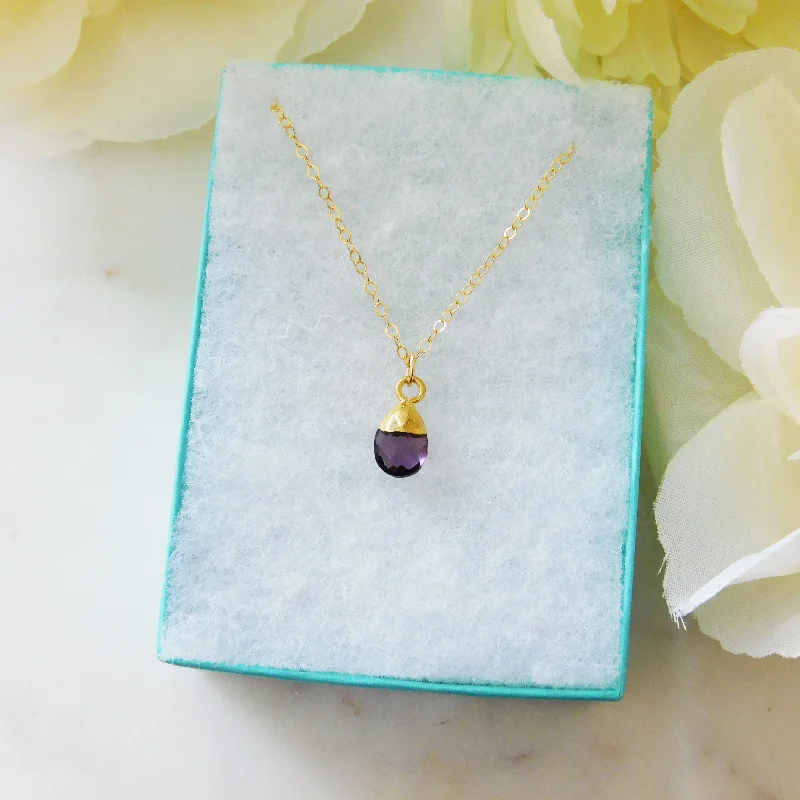 ladies necklace luxury gold-Tiny Amethyst Drop Gold Necklace