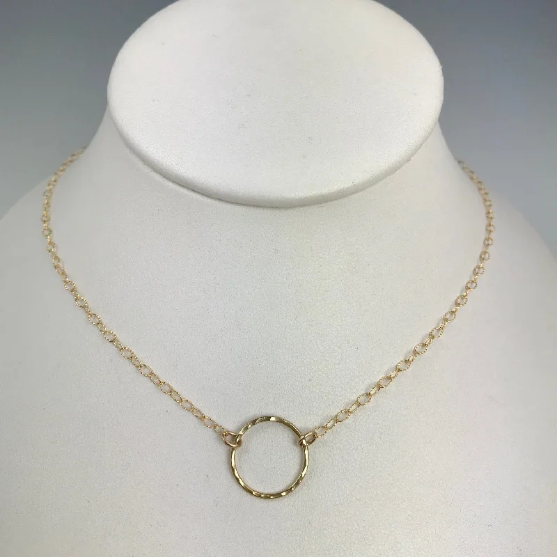 ladies necklace yellow gold-Side to Side Gold Circle Necklace (textured chain)