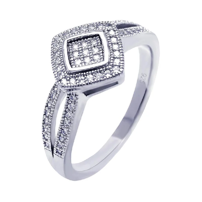 Ladies rings thin stackable rings-Silver 925 Rhodium Plated Micro Pave CZ Diamond Shaped Ring - ACR00040