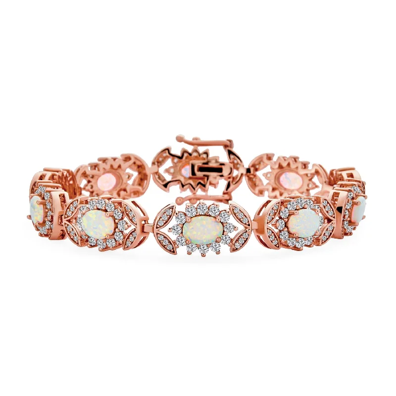 ladies bracelet shell silver-Gemstone CZ & Opal Tennis Bracelet Vintage Style Rose Gold Sterling Silver 7 Inch