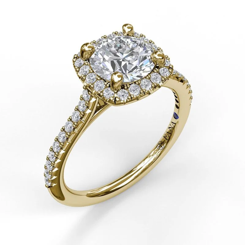 Ladies engagement rings bezel solitaires-Delicate Cushion Halo Engagement Ring With Pave Shank