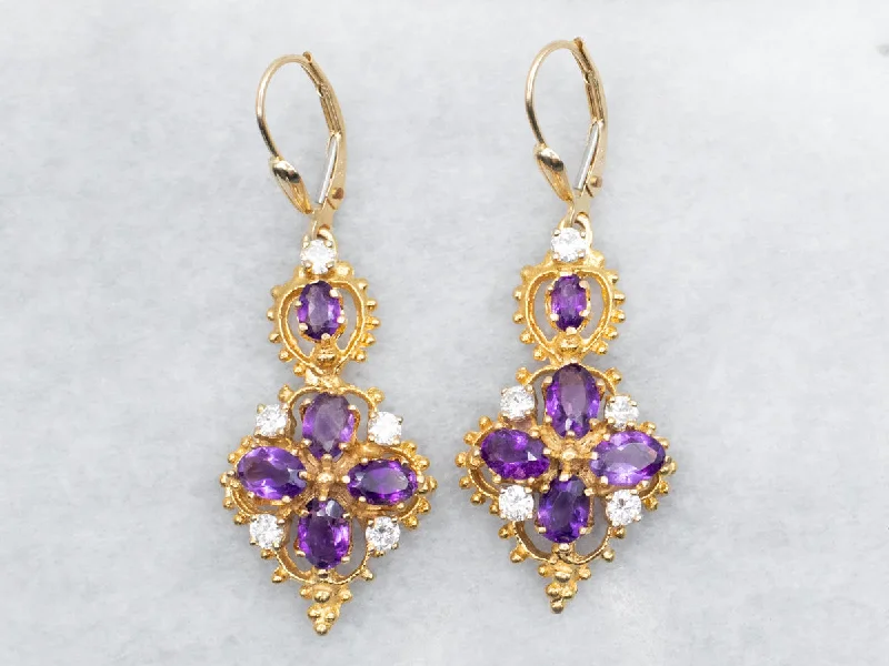 Ladies earrings pop art earrings-Amethyst and Diamond Drop Earrings