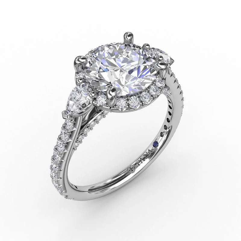 Ladies engagement rings cultural solitaires-Round Diamond Halo Engagement Ring With Pear-Shape Side Stones