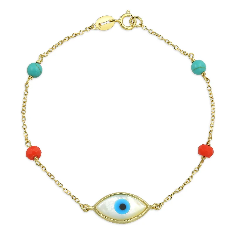 ladies bracelet dainty white gold-Protection Amulet Evil Eye Bracelet 14K Gold Plated Silver 7 Inch Good Luck Charm