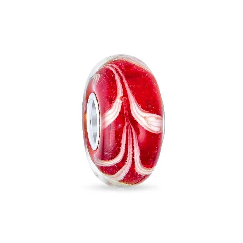 ladies bracelet infinity gold-Red White Vine Murano Glass Charm Bead with Sterling Silver Core for Bracelets