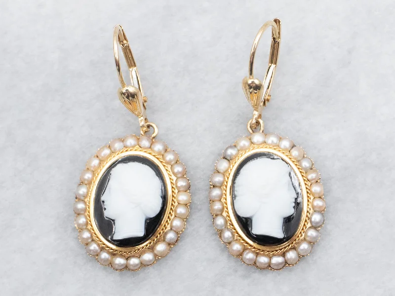 Ladies earrings medium drop styles-Onyx Cameo and Seed Pearl Drop Earrings