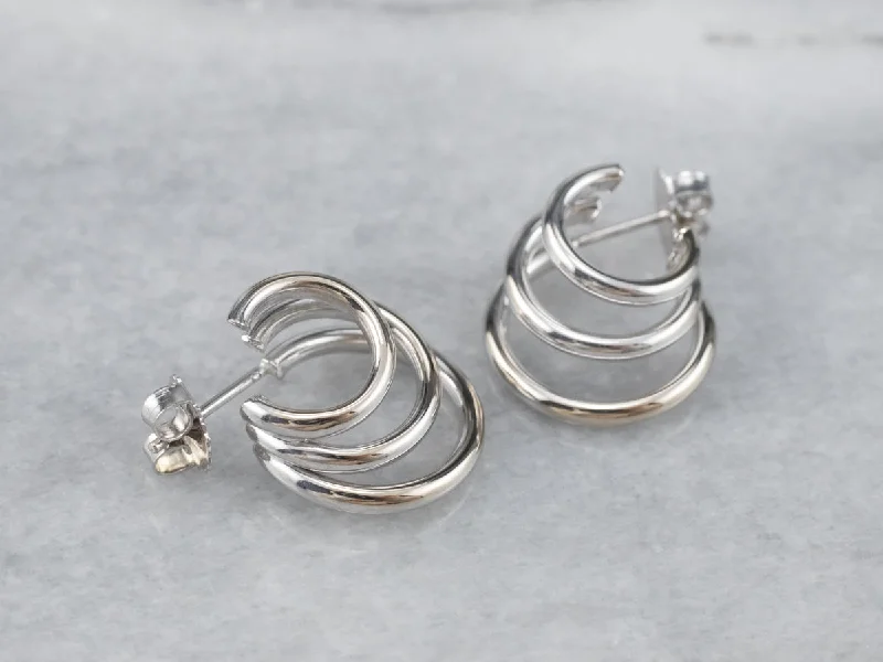 Ladies earrings smooth surface earrings-White Gold Triple Hoop Earrings