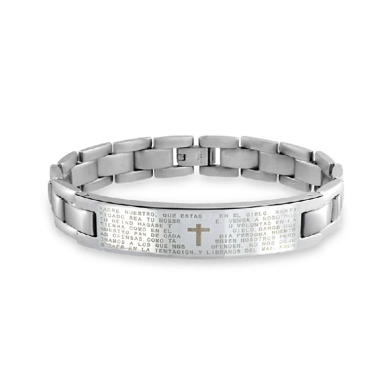 ladies bracelet beaded gold-Our Lords Prayer Cross Link Wrist ID Bracelet for Men in Silver Tone Stainless Steel