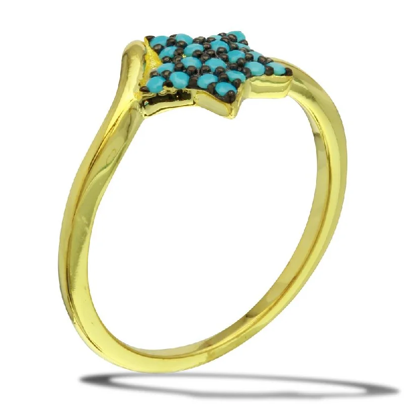 Ladies rings soft glow designs-Gold Plated 925 Sterling Silver Star Ring with Turquoise Beads - BGR01115