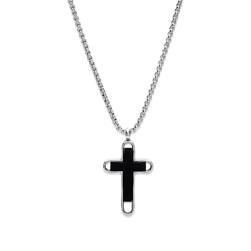 ladies necklace abstract platinum-Unique & Co Black Steel Cross Necklace