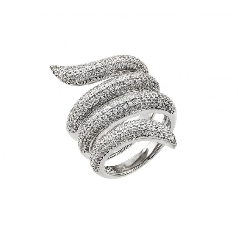 Ladies rings modern art rings-Silver 925 Rhodium Plated Coil Pave CZ Ring - GMR00028