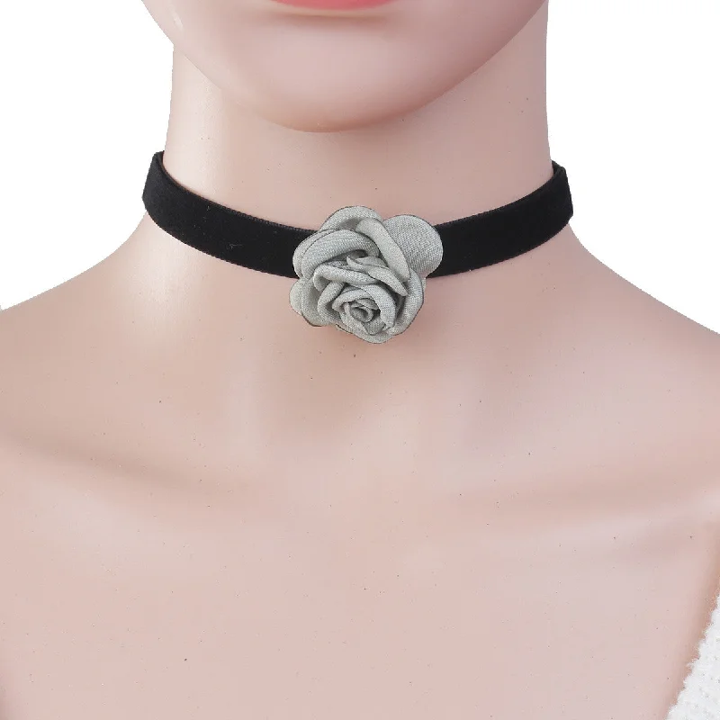 ladies necklace yellow gold finish-Sexy Sparkles New Style Black Choker Necklace with Light Green Flower