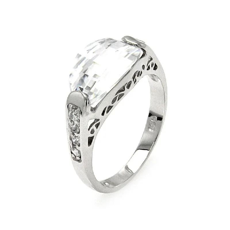 Ladies rings Italian crafted styles-Silver 925 Rhodium Plated Oval Clear Center and Round CZ Ring - BGR00542