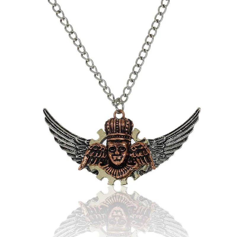 ladies necklace for her-SEXY SPARKLES Steampunk Necklace Link Curb Chain Antique Silver Wing Gear Head Portrait With Crown Pendant