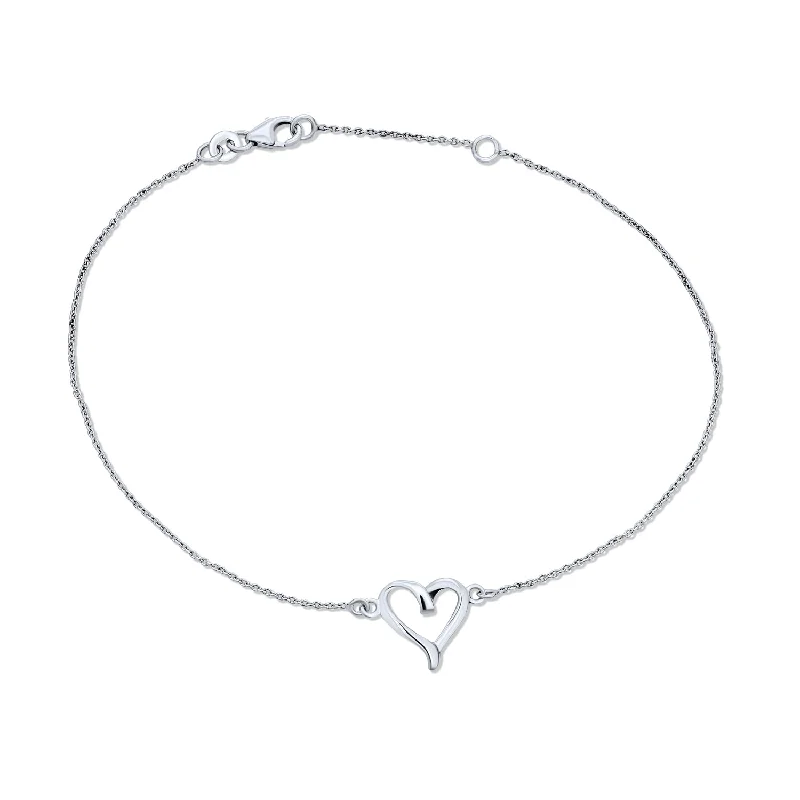 ladies bracelet chunky platinum-Delicate Heart Anklet Ankle Bracelet Sterling Silver 9-10 Inch Extender