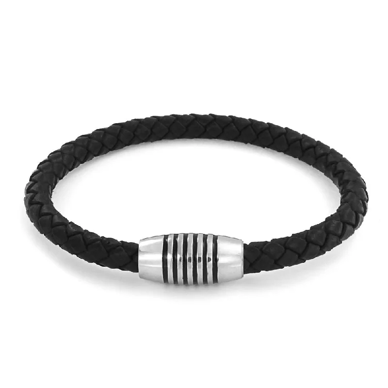 ladies bracelet clearance-Unisex Black Woven Leather Cuff Bracelet with Stainless Barrel Clasp for Men