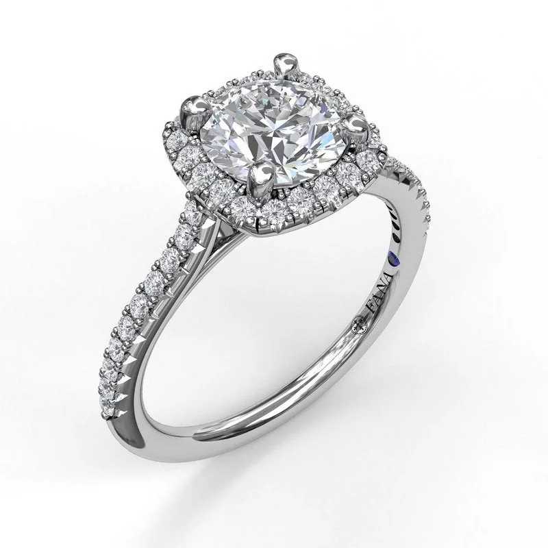 Ladies engagement rings European flair-Delicate Cushion Halo Engagement Ring With Pave Shank