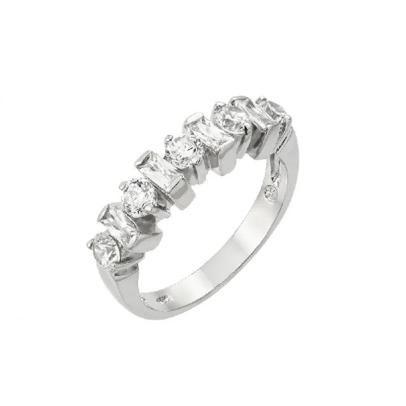 Ladies rings sustainable jewelry designs-Silver 925 Rhodium Plated Clear Round and Baguette CZ Half Row Ring - BGR00900