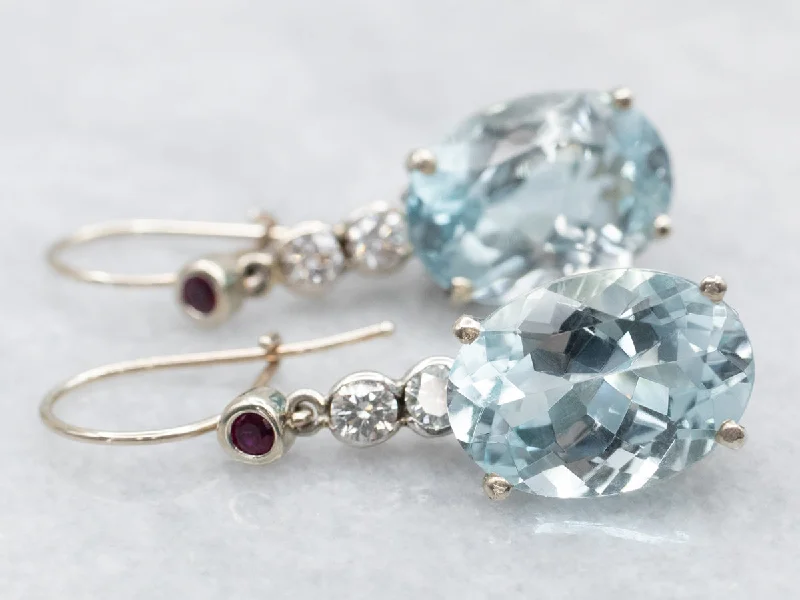 Ladies earrings special occasion designs-Blue Topaz Diamond and Ruby Drop Earrings