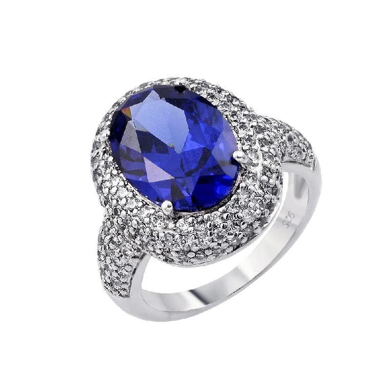 Ladies rings raised detail styles-Silver 925 Rhodium Plated Blue Oval Center and Clear Micro Pave Set CZ Ring - BGR00778