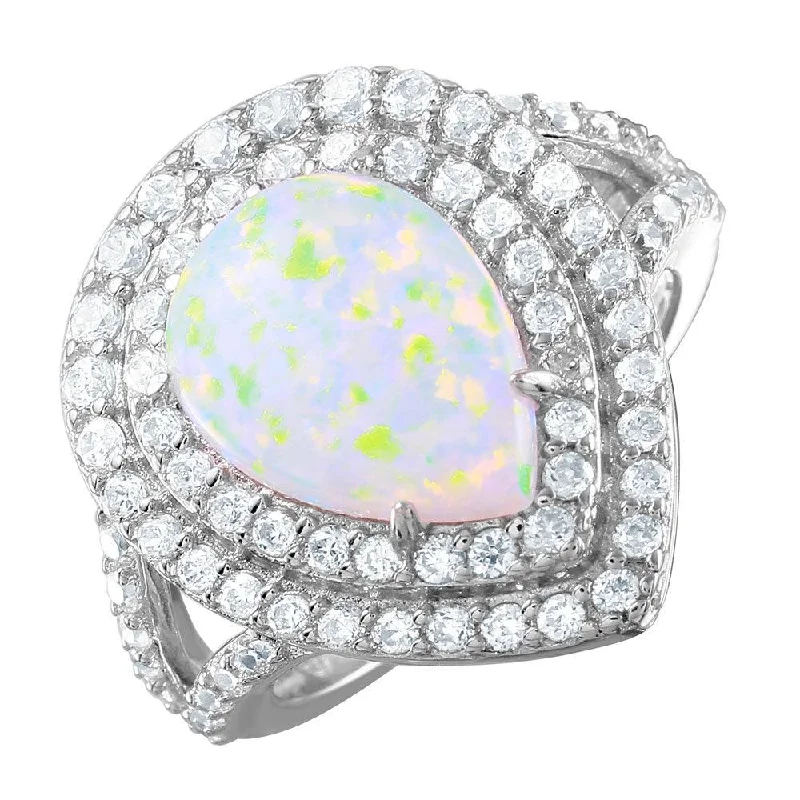 Ladies rings yellow diamond rings-Silver 925 Rhodium Plated Opal Teardrop Halo CZ Ring - BGR00995