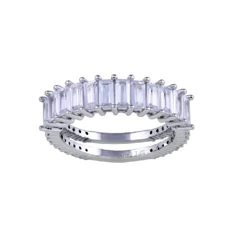 Ladies rings contemporary classic designs-Rhodium Plated 925 Sterling Silver Two Bar Baguette with Clear CZ Ring - STR01146