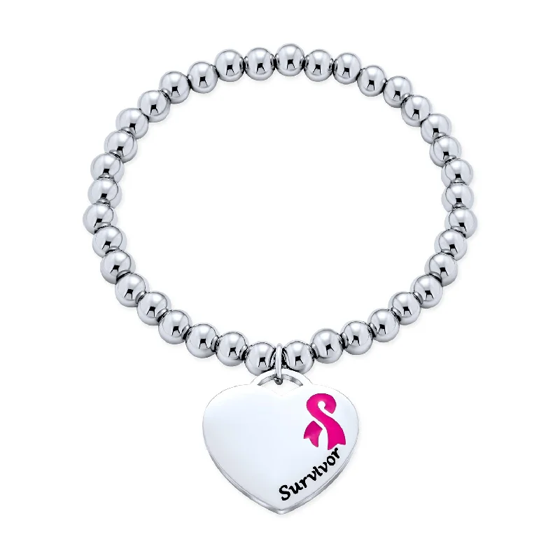 ladies bracelet charm rose gold-Heart Charm ID Bracelet with Pink Ribbon for Breast Cancer Survivor Silver Tone